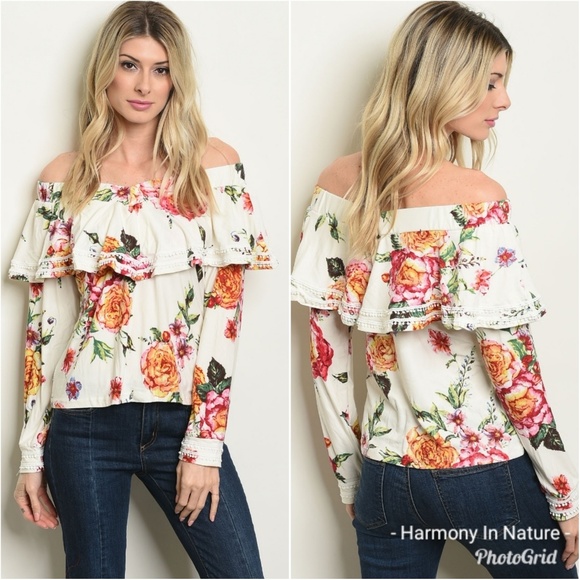 Tops - Very Soft Off Shoulder Ivory Floral Blouse
